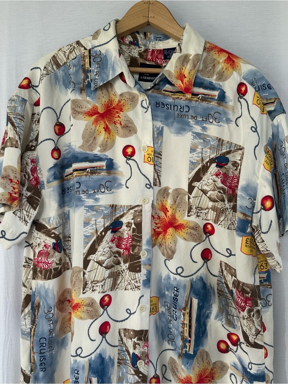 VTG Liz Sport Shirt Cruise Beach Nautical Sailor Coast Hawaiian Sea Women Large